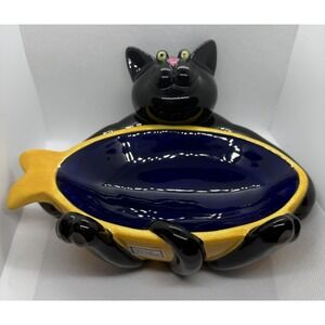 Department 56 Cat Trinket Bowl Blue Yellow Ceramic Decorative Pet Dish